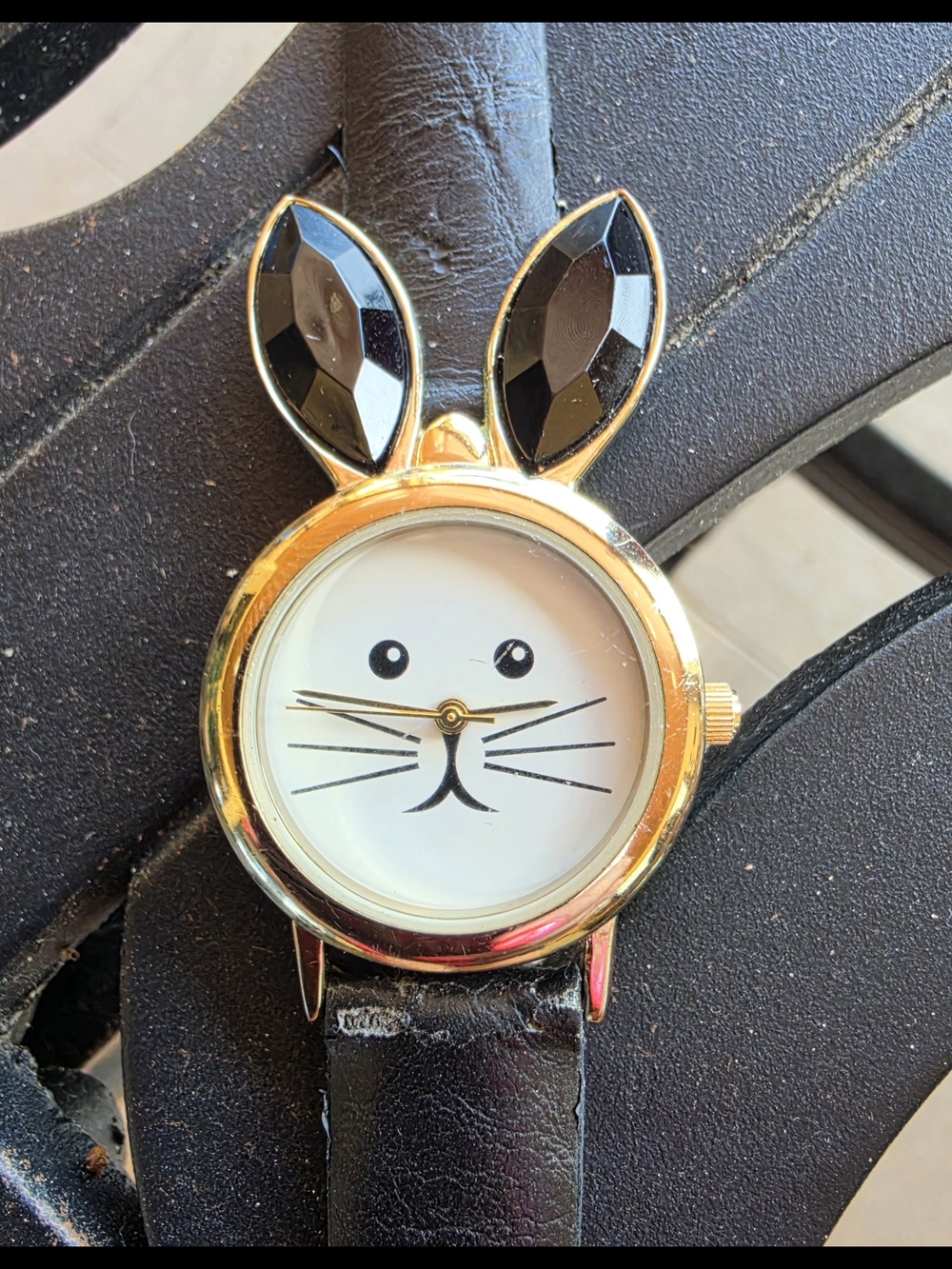 Claire's Gold Bunny Face Watch with Black Ears and Strap